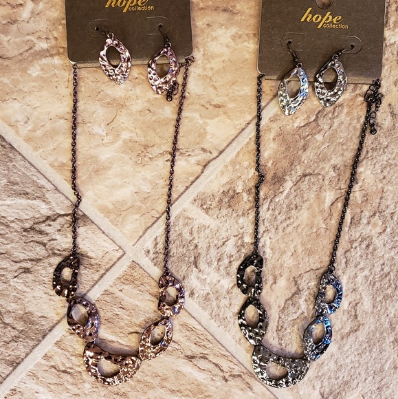 Black, Hammered Metal, Necklace and Earrings Set - Picture 1 of 8